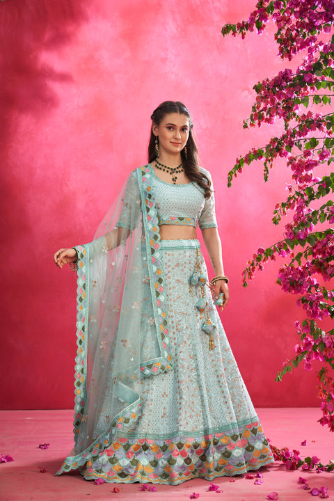 Sky Blue Multi-Resam Thread Lehenga with Stone
