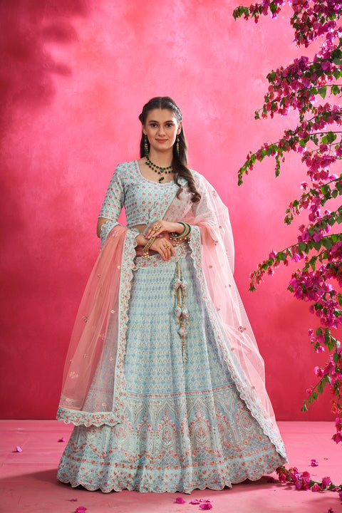 Sky Blue Resam Embroidery Lehenga with Swarovski and Zari