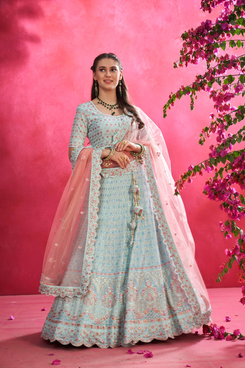 Sky Blue Resam Embroidery Lehenga with Swarovski and Zari