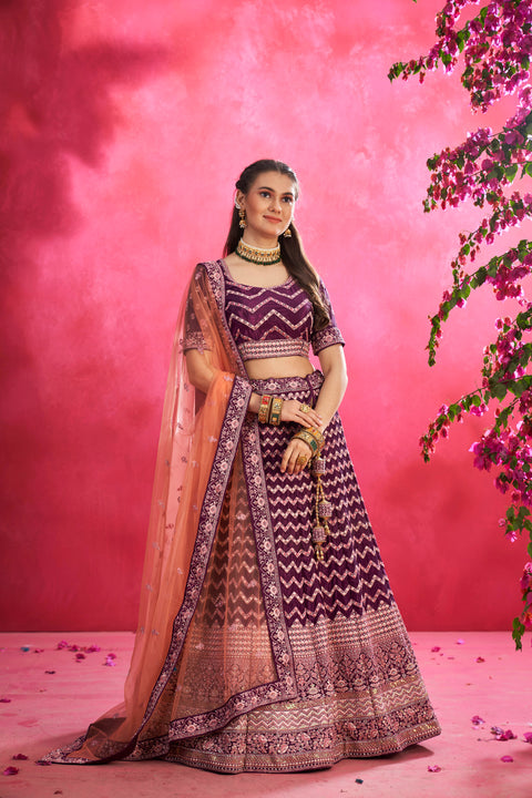 Wine Resam Zari Coding Embroidery Lehenga with Stone