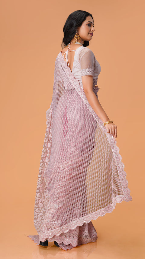 Baby Pink Stone Work Net Saree