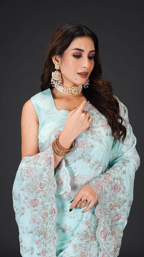 Sky Blue Georgette Saree with Threadwork & Sequins