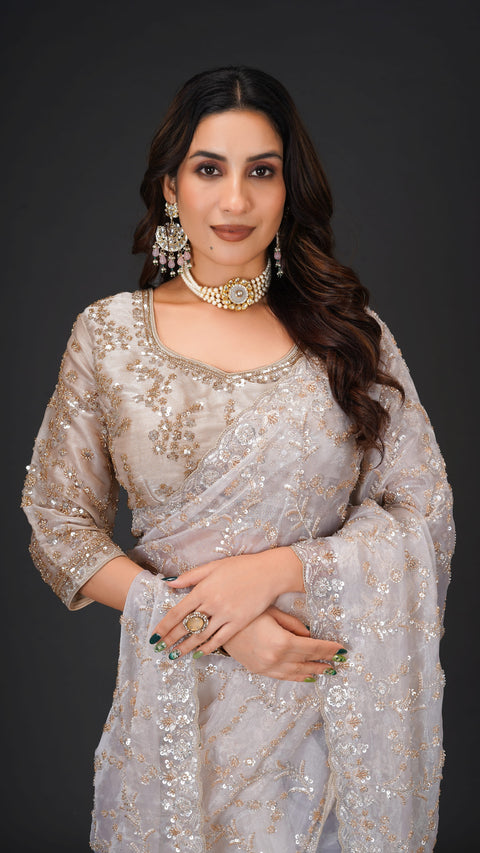 Cream Organza Saree with Golden Beads & Sequins