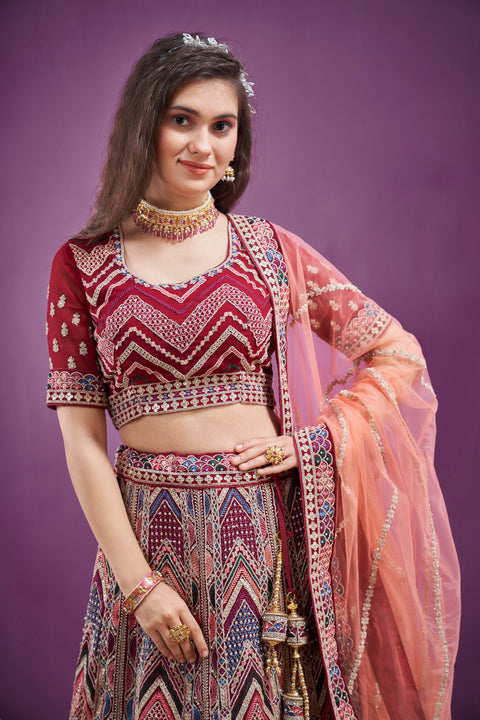Wine Multi-Resam Zari Coding Embroidery Lehenga