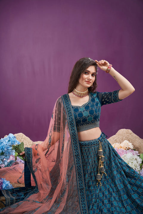 Turkish Blue Thread Embroidery lehenga With Stone