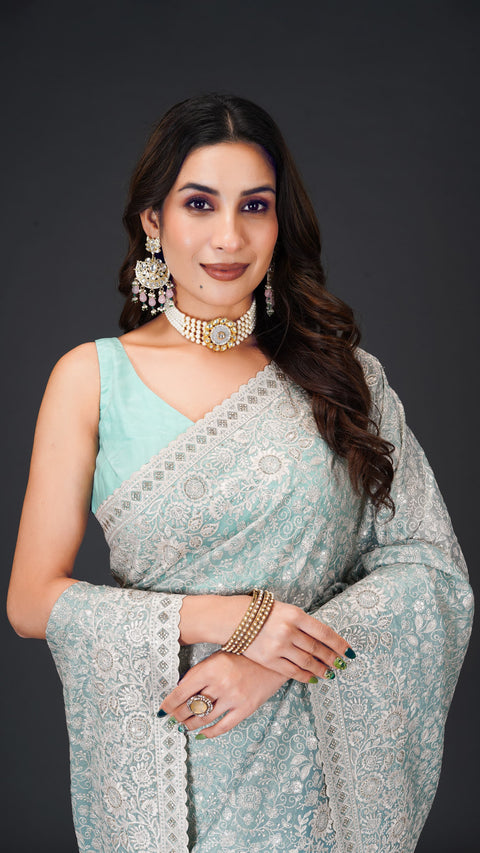 Sky Blue Chiffon Saree with Exquisite Full Threadwork