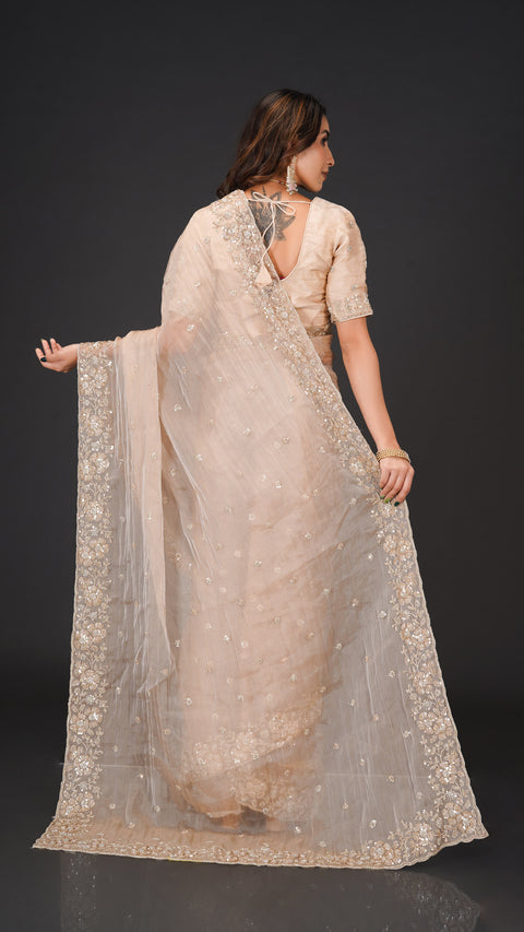 Opulent Golden Tissue Saree Embellished with Beads & Sequins
