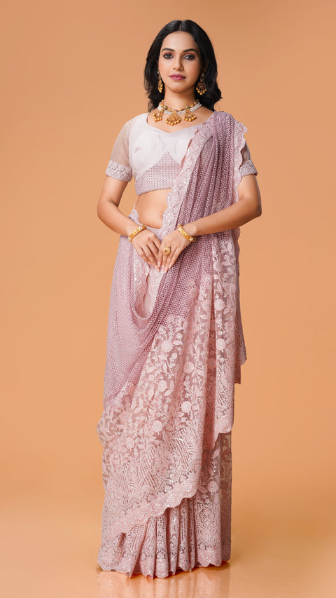Baby Pink Stone Work Net Saree