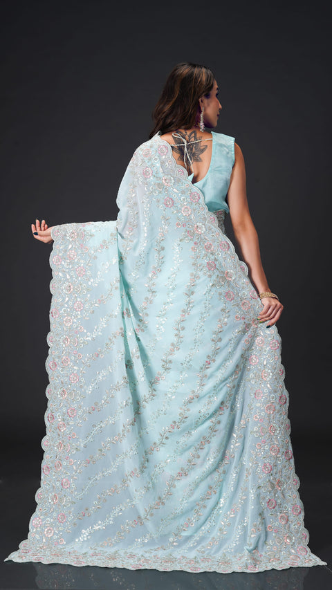 Sky Blue Georgette Saree with Threadwork & Sequins