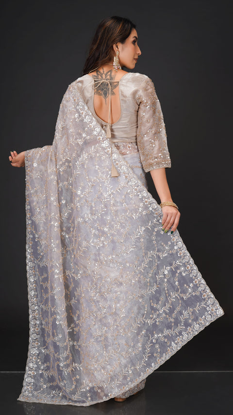 Cream Organza Saree with Golden Beads & Sequins