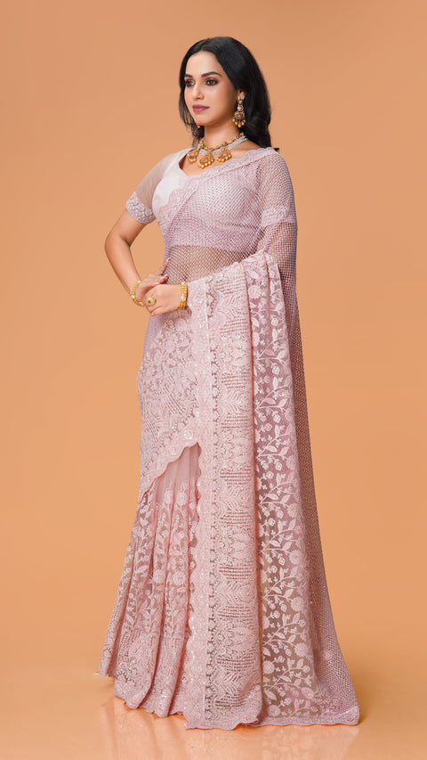 Baby Pink Stone Work Net Saree