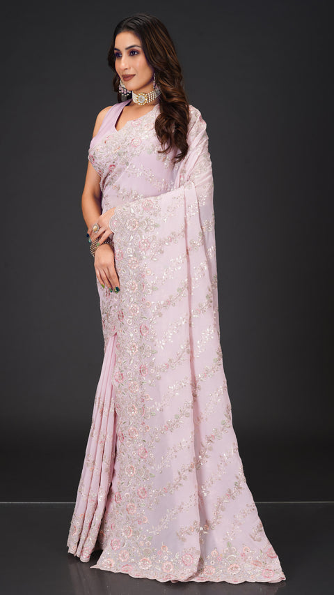 Blush Pink Georgette Saree with Threadwork & Sequins