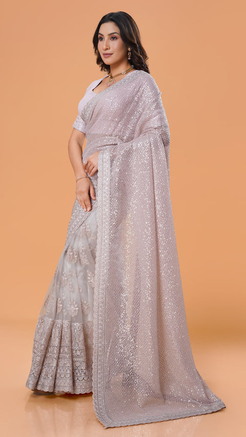 Pink Sequins Half and Half Concept Saree