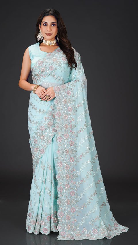 Sky Blue Georgette Saree with Threadwork & Sequins