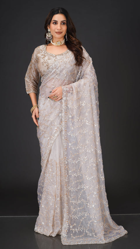 Cream Organza Saree with Golden Beads & Sequins