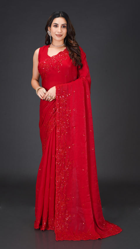 Radiant Red Chiffon Saree Adorned With Beads