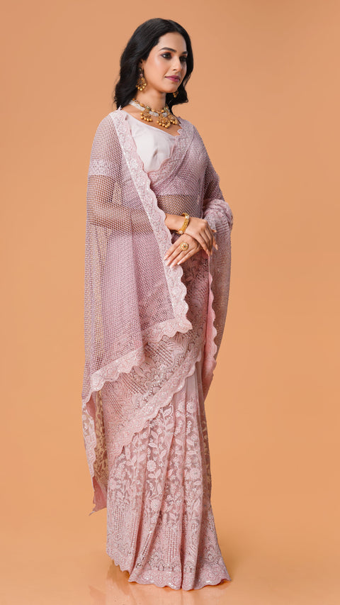 Baby Pink Stone Work Net Saree