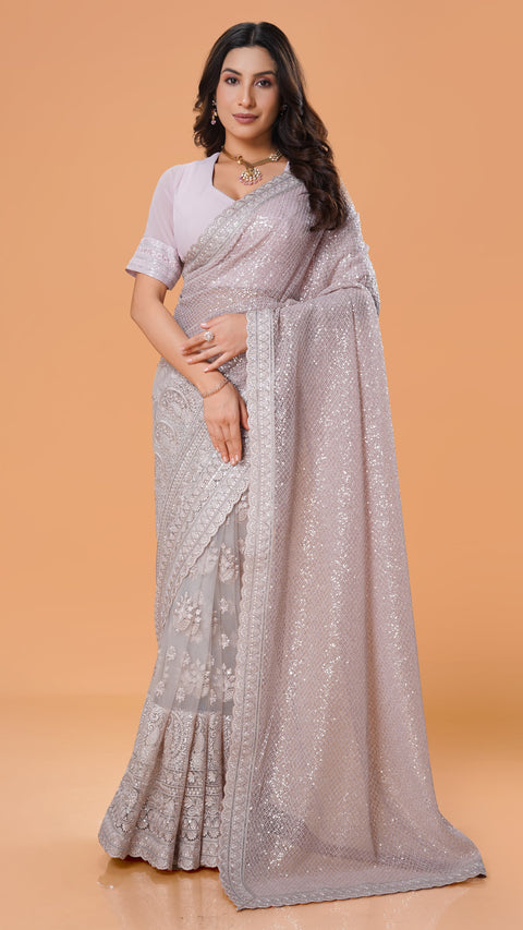Pink Sequins Half and Half Concept Saree