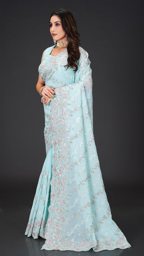 Sky Blue Georgette Saree with Threadwork & Sequins