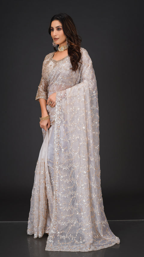 Cream Organza Saree with Golden Beads & Sequins
