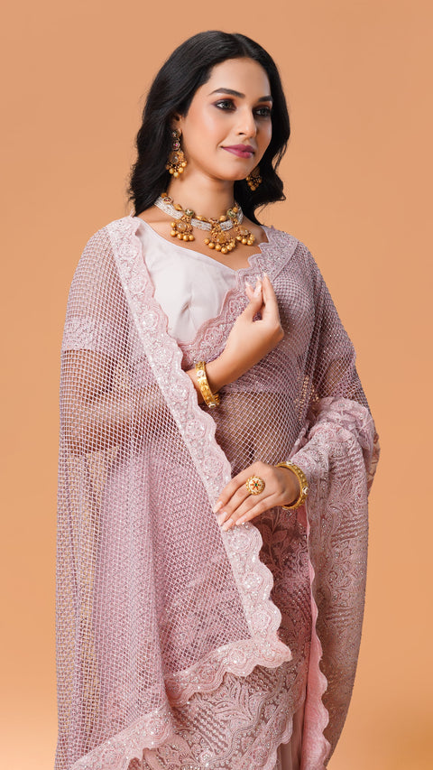Baby Pink Stone Work Net Saree