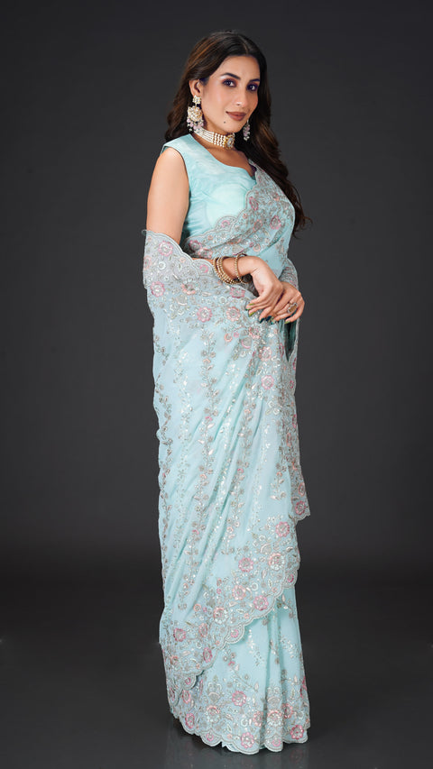 Sky Blue Georgette Saree with Threadwork & Sequins