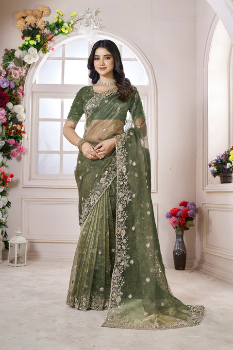 Olive Green Designer Organza Saree with Gold Embroidery & Sequin