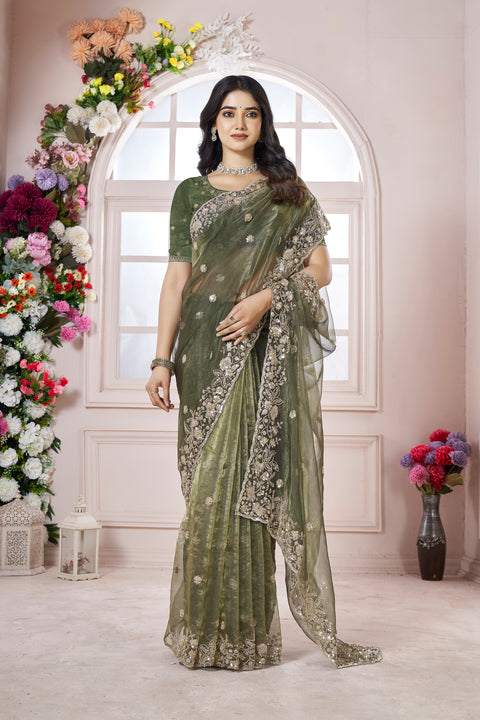 Olive Green Designer Organza Saree with Gold Embroidery & Sequin