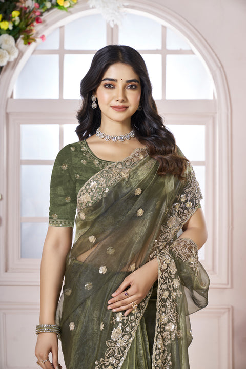 Olive Green Designer Organza Saree with Gold Embroidery & Sequin