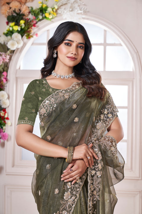 Olive Green Designer Organza Saree with Gold Embroidery & Sequin
