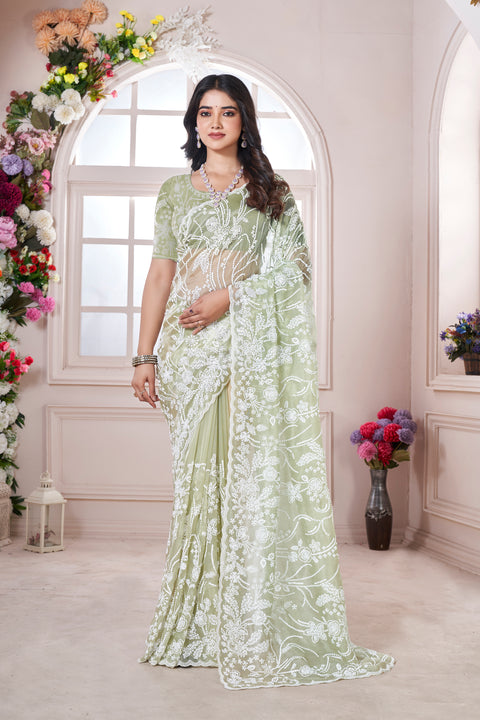 Ethereal Sage Green Designer Ryna Net Saree