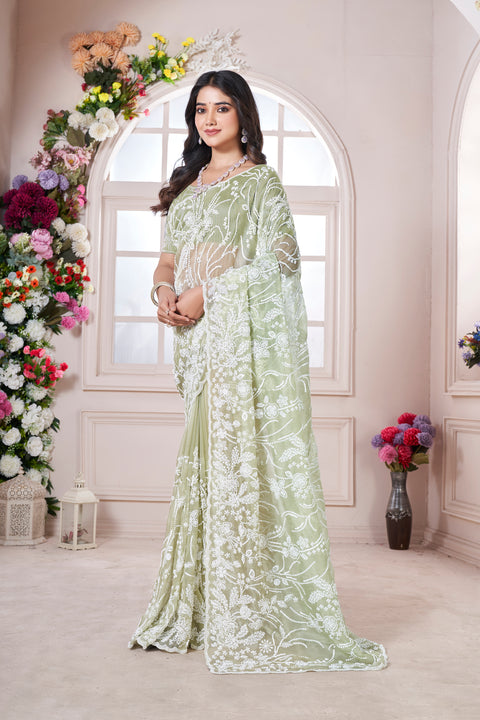 Ethereal Sage Green Designer Ryna Net Saree