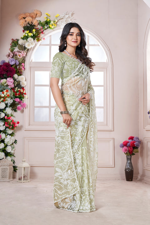 Ethereal Sage Green Designer Ryna Net Saree