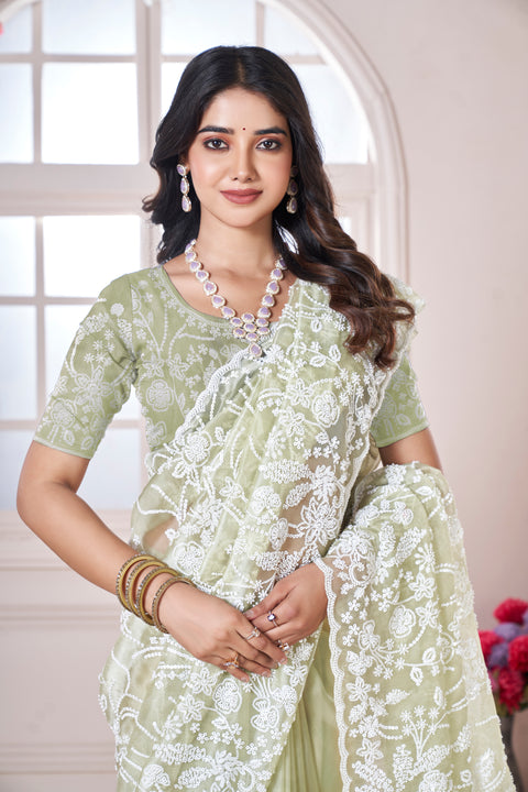 Ethereal Sage Green Designer Ryna Net Saree