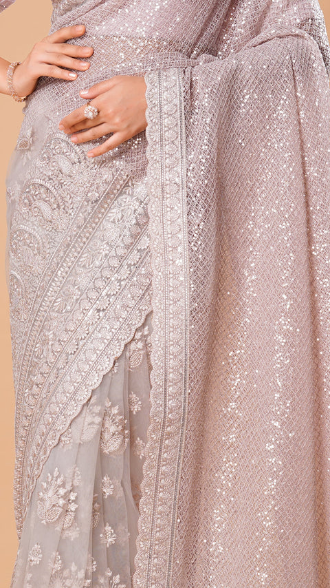 Pink Sequins Half and Half Concept Saree