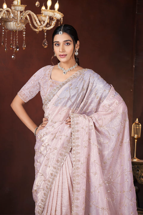 Blush Pink Tissue Saree with Golden Beads & Sequin