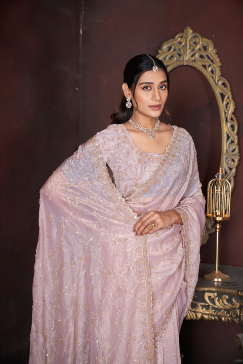 Blush Pink Tissue Saree with Golden Beads & Sequin
