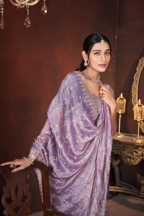 Majestic Purple Tissue Saree with Golden Beads