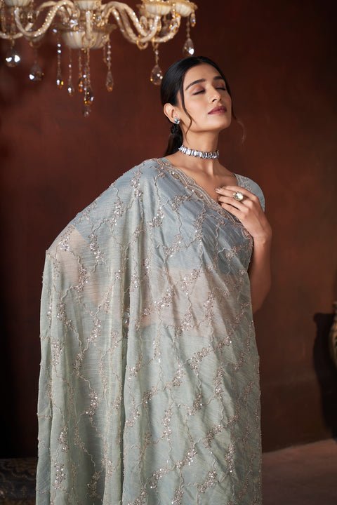 Sky Blue Serenity – Elegant Embellished Tissue Saree