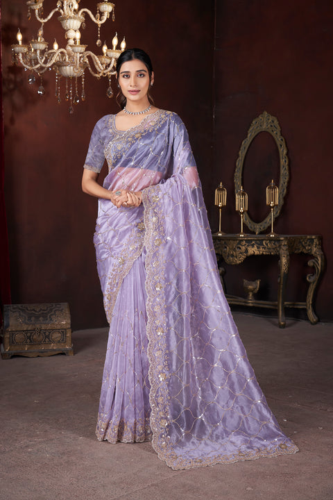 Purple Organza Saree with Golden Beads and Sequins Elegance
