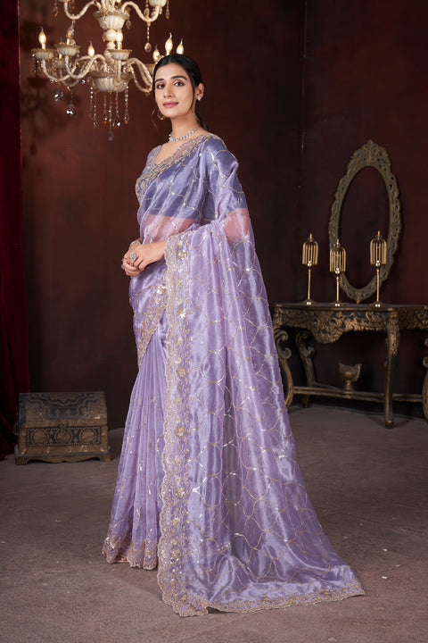 Purple Organza Saree with Golden Beads and Sequins Elegance