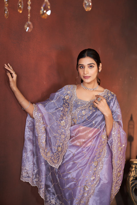 Purple Organza Saree with Golden Beads and Sequins Elegance