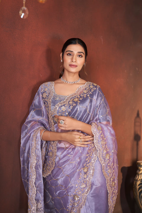 Purple Organza Saree with Golden Beads and Sequins Elegance