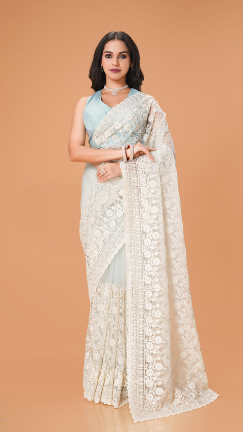 Graceful Lucknowi Net Saree Adorned with Sparkling Stones ( not in excel sheet ) in drive only