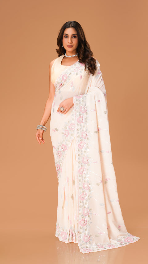 Stunning Cream Saree with Threadwork & Sequins