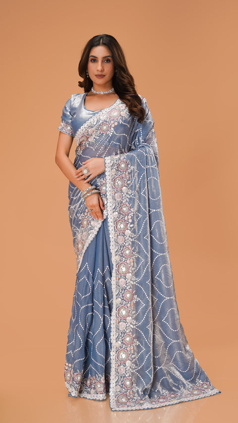 Stunning Firozi Organza Fancy Designer Saree with Heavy Embellishments