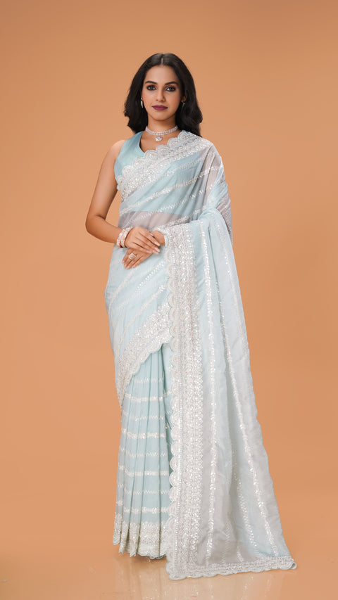 Sky Blue Sequin Designer Saree with White Sparkle Stones