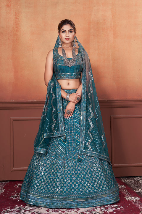Blue Embroidery Stitched Lehenga Set