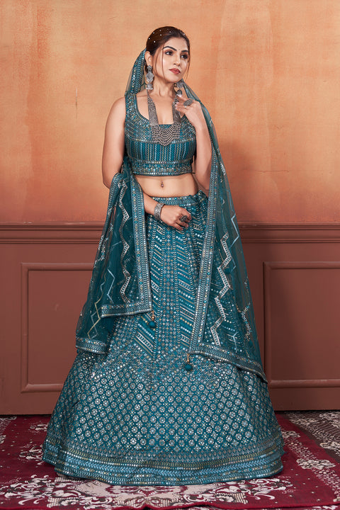 Blue Embroidery Stitched Lehenga Set