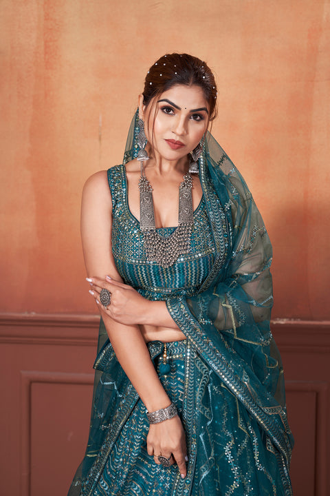 Blue Embroidery Stitched Lehenga Set